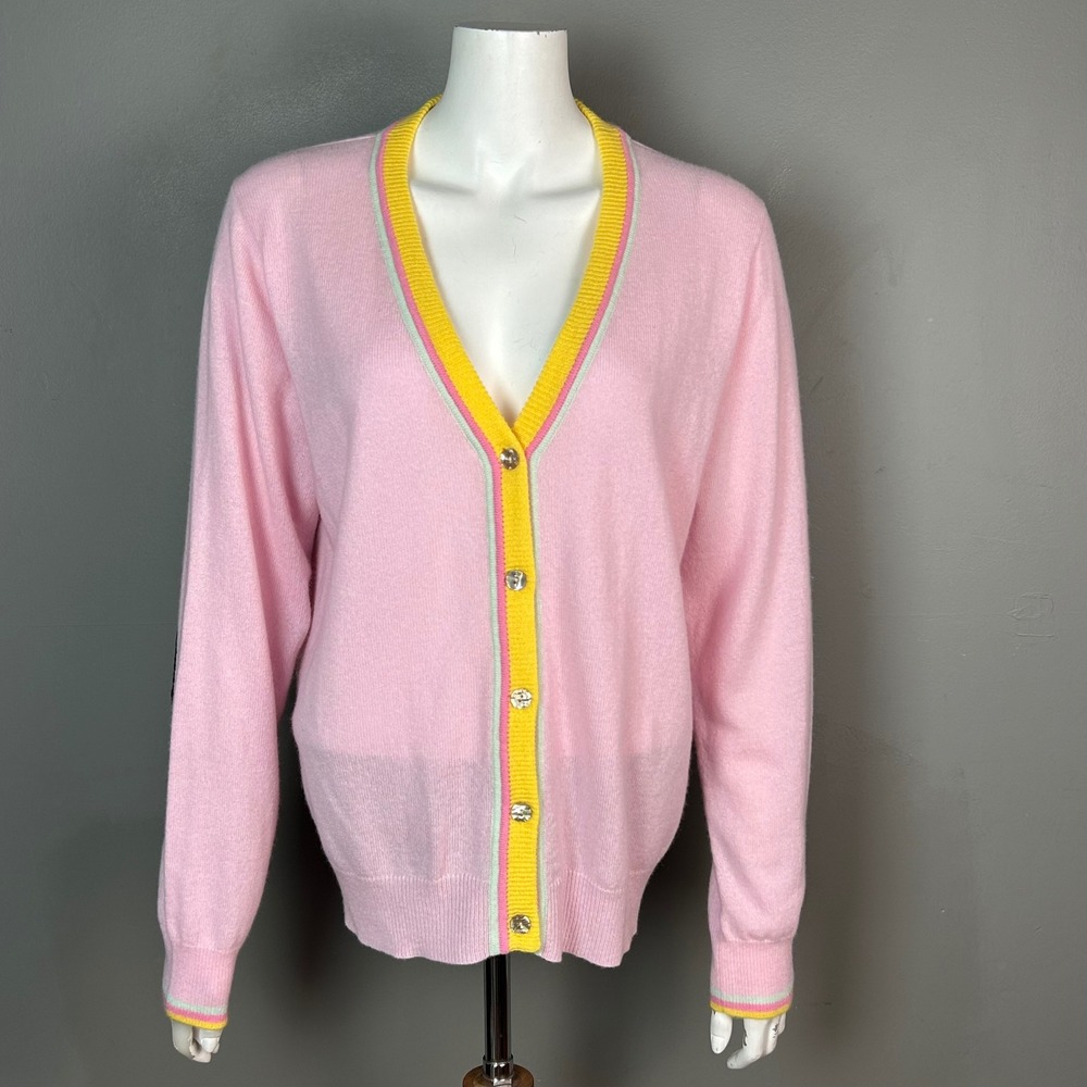 Minnie Rose Cashmere Cardigan Sweater XL Whimsical Smiley Face Dopamine Pastel